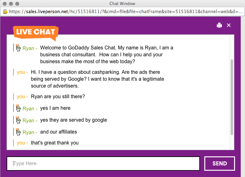 Live chat where a Godaddy employee confirms the advertising is being served by Google.